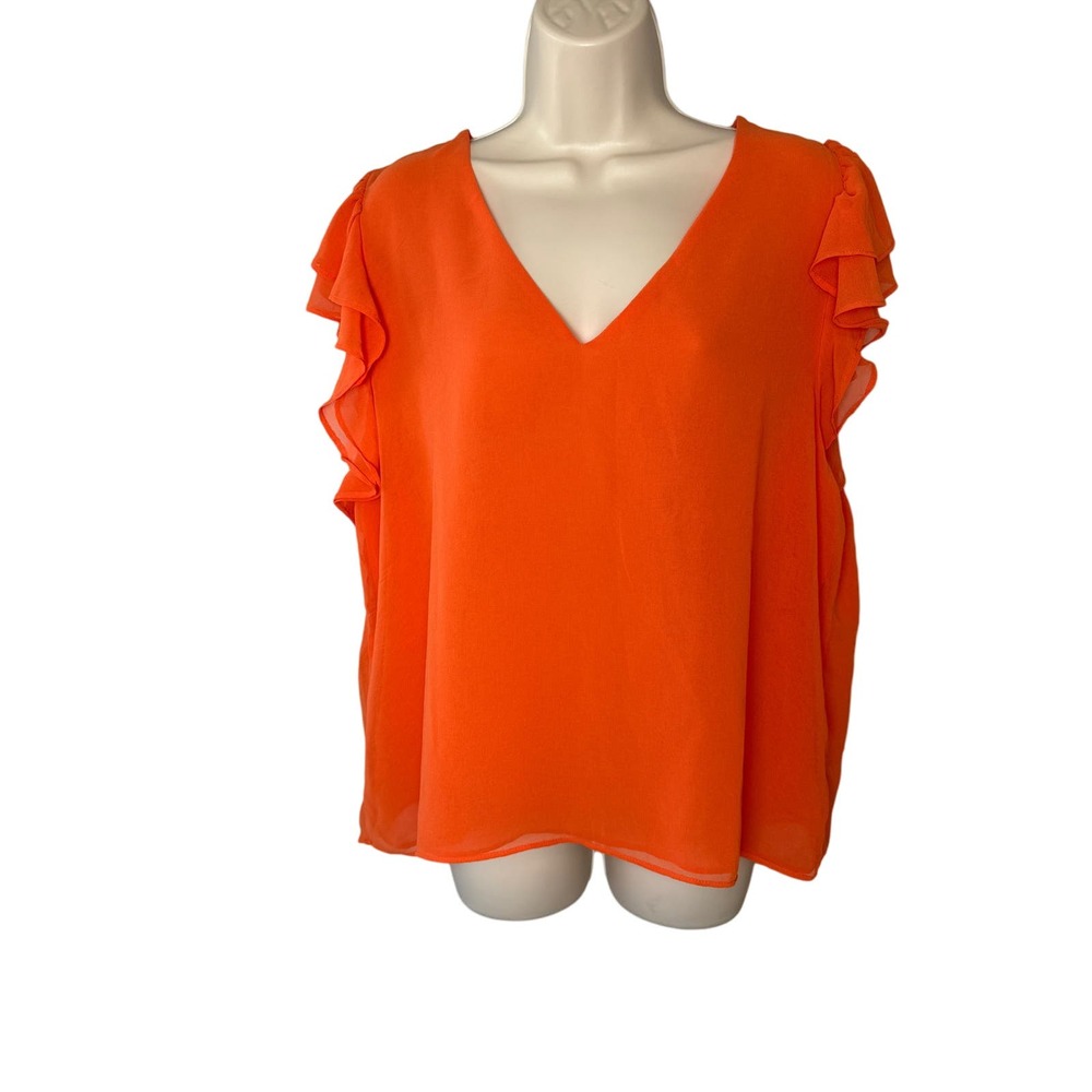 1.State Orange V Neck Lined Flowy Ruffle Sleeveless Blouse XL‎ NWT